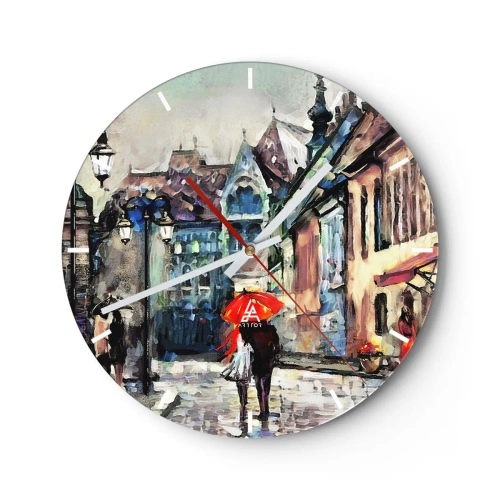 Wanduhr - Glasuhr - Eine romantische Straße mit einem Regenschirm vor der Kulisse von Mietshäusern im Regen - 30x30cm - Regen für Zwei - Moderne Wanddekoration für Wohnzimmer, Küche und Schlafzimmer ARTTOR