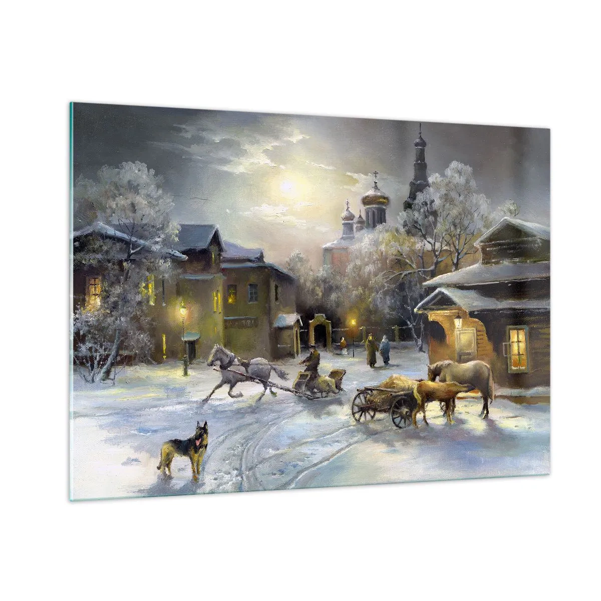 Glasbild - Bild auf glas - Winterliche Stadtlandschaft im Mondlicht - 100x70cm - Die Magie des russischen Winters - Moderne Wanddekoration für Wohnzimmer und Schlafzimmer ARTTOR