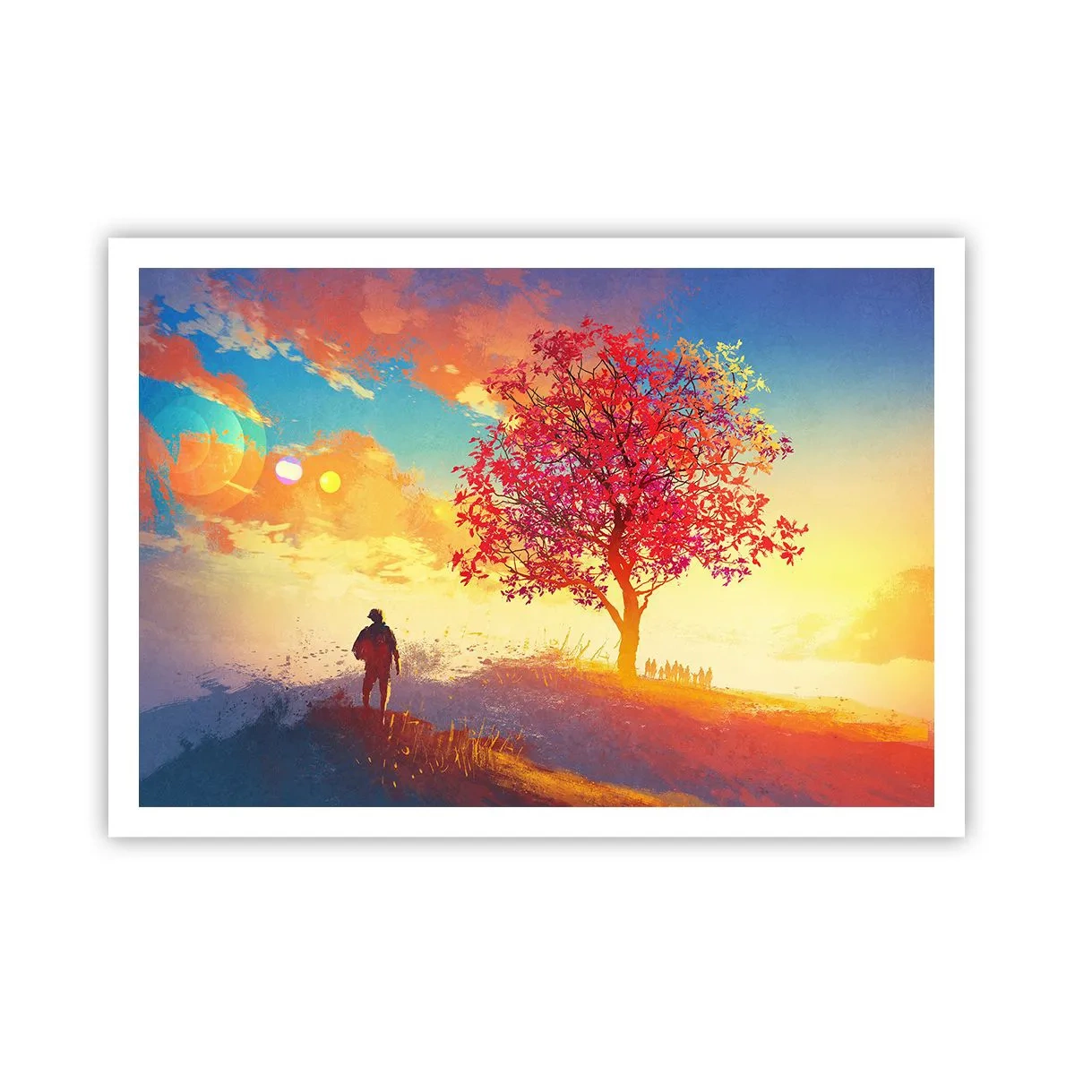 Poster - Eine Figur auf einem Hügel neben einem bunten Baum im Licht der untergehenden Sonne - 100x70cm - Pilger am Ziel - Moderne Wanddekoration für Wohnzimmer und Schlafzimmer ARTTOR