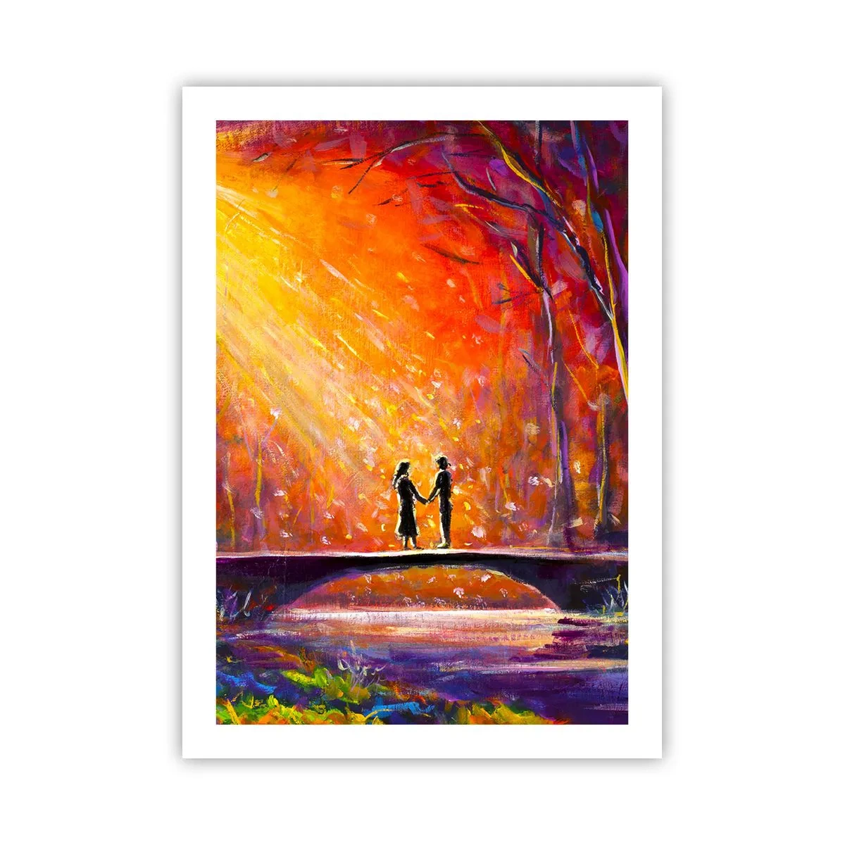 Poster - Ein Paar auf einer Brücke, umgeben von einer farbenfrohen Landschaft - 50x70cm - Der Himmel liebt sie auch - Moderne Wanddekoration für Wohnzimmer und Schlafzimmer ARTTOR