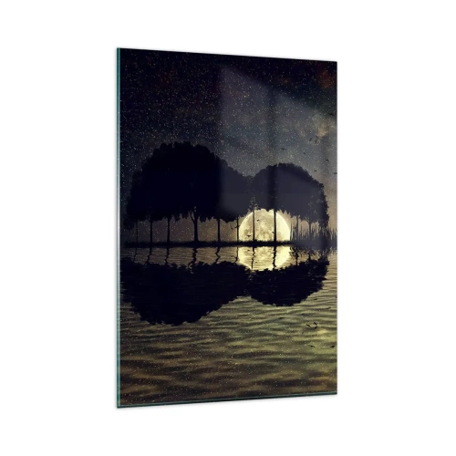 Glasbild - Bild auf glas - Eine magische Nacht mit Bäumen und dem Mond, der sich im Wasser spiegelt - 80x120cm - Nacht am Ende der Welt - Moderne Wanddekoration für Wohnzimmer und Schlafzimmer ARTTOR