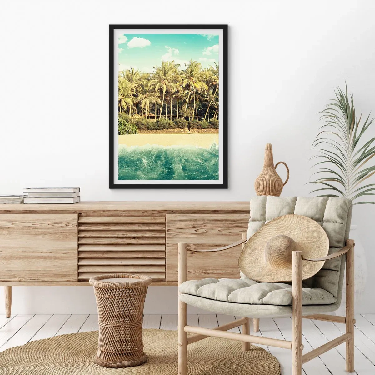 Poster in einem schwarzem Rahmen - Tropischer Strand mit Palmen und azurblauem Wasser - 50x70cm - Wie wäre es hier? - Moderne Wanddekoration für Wohnzimmer und Schlafzimmer ARTTOR