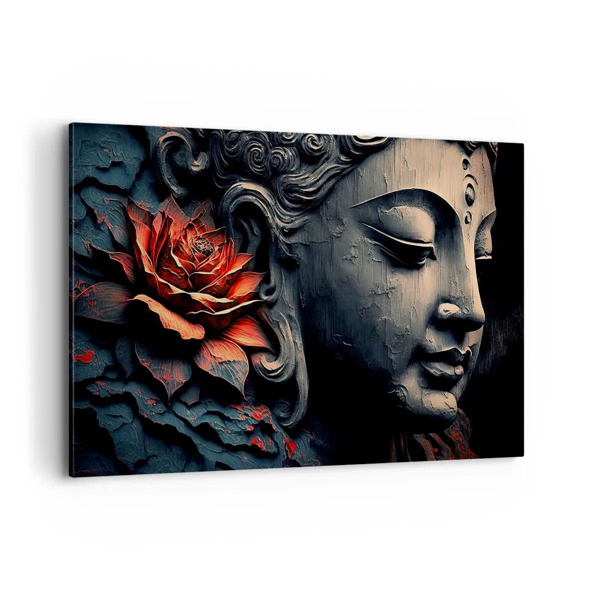 Bild auf Leinwand - Leinwandbild - Buddha-Skulptur mit einer roten Lotusblüte - 120x80cm - Im Einklang mit der Welt - Moderne Wanddekoration für Wohnzimmer und Schlafzimmer ARTTOR