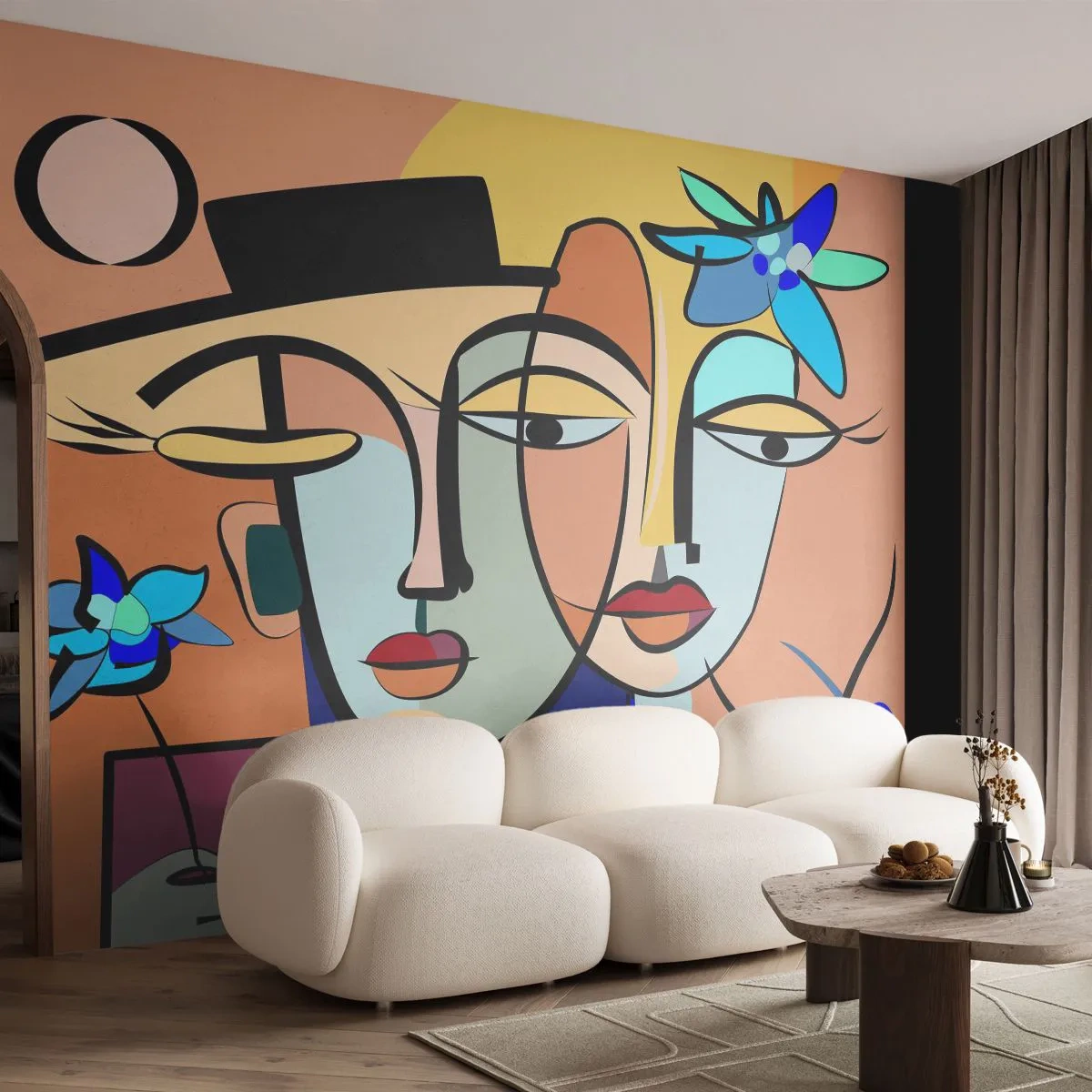 Fototapete Premium Sand - Abstrakte Gesichter im kubistischen Stil mit Blumen - 100x70cm - Picassos randez vous - Moderne Wanddekoration für Wohnzimmer und Schlafzimmer ARTTOR