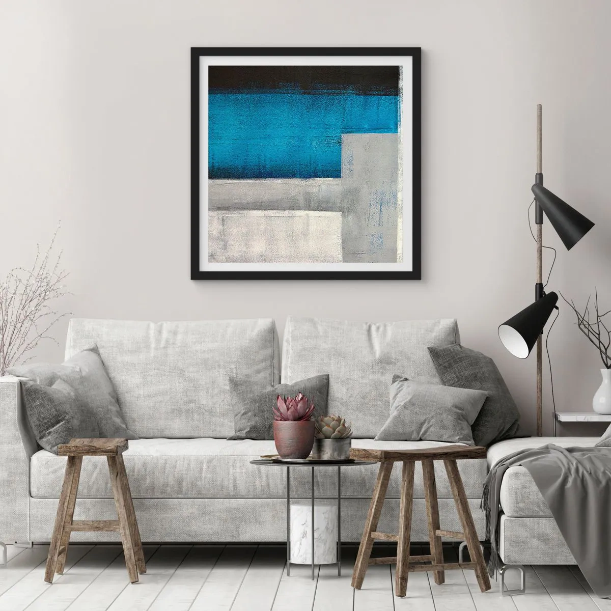 Poster in einem schwarzem Rahmen - Poetische Komposition aus Grau und Blau - 30x30 cm