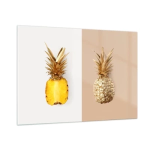 Glasbild - Bild auf glas - Eine in Scheiben geschnittene und goldene Ananas auf zwei kontrastierenden Hintergründen - 100x70cm - Ananas für uns - Moderne Wanddekoration für Wohnzimmer und Schlafzimmer ARTTOR