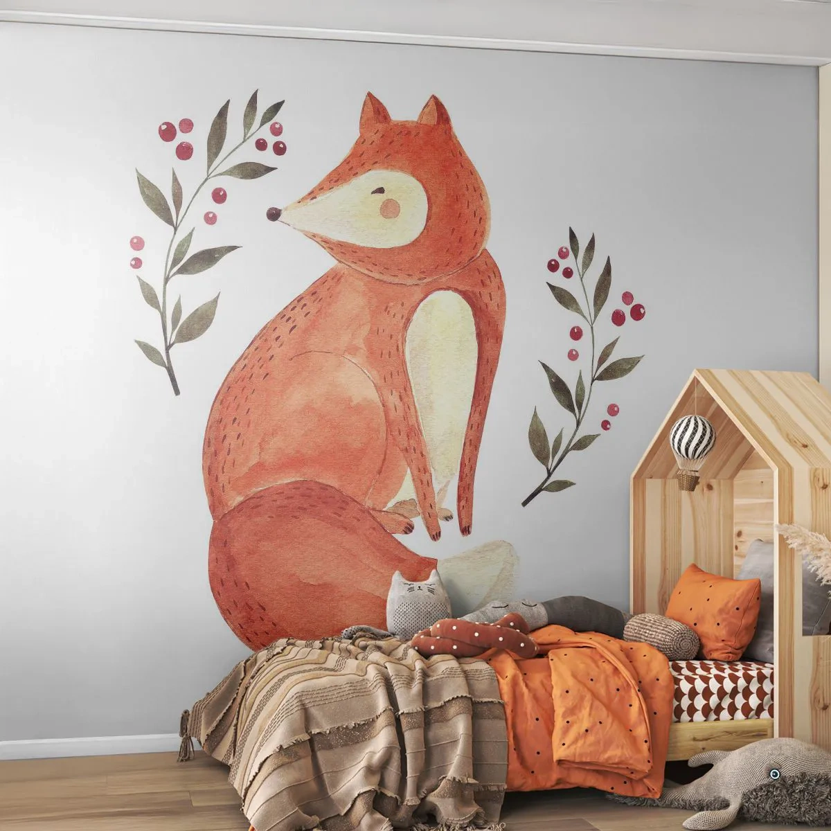 Fototapete Premium Sand - Ein bezaubernder Aquarellfuchs, umgeben von Zweigen mit roten Beeren. - 100x70cm - Kleine Rothaarige - Moderne Wanddekoration für Wohnzimmer und Schlafzimmer ARTTOR