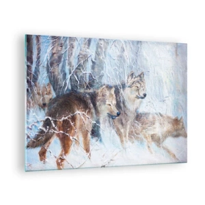Glasbild - Bild auf glas - Drei Wölfe in einem Winterwald, umgeben von Schnee - 70x50cm - Beachtung! Hier kommt ... - Moderne Wanddekoration für Wohnzimmer und Schlafzimmer ARTTOR