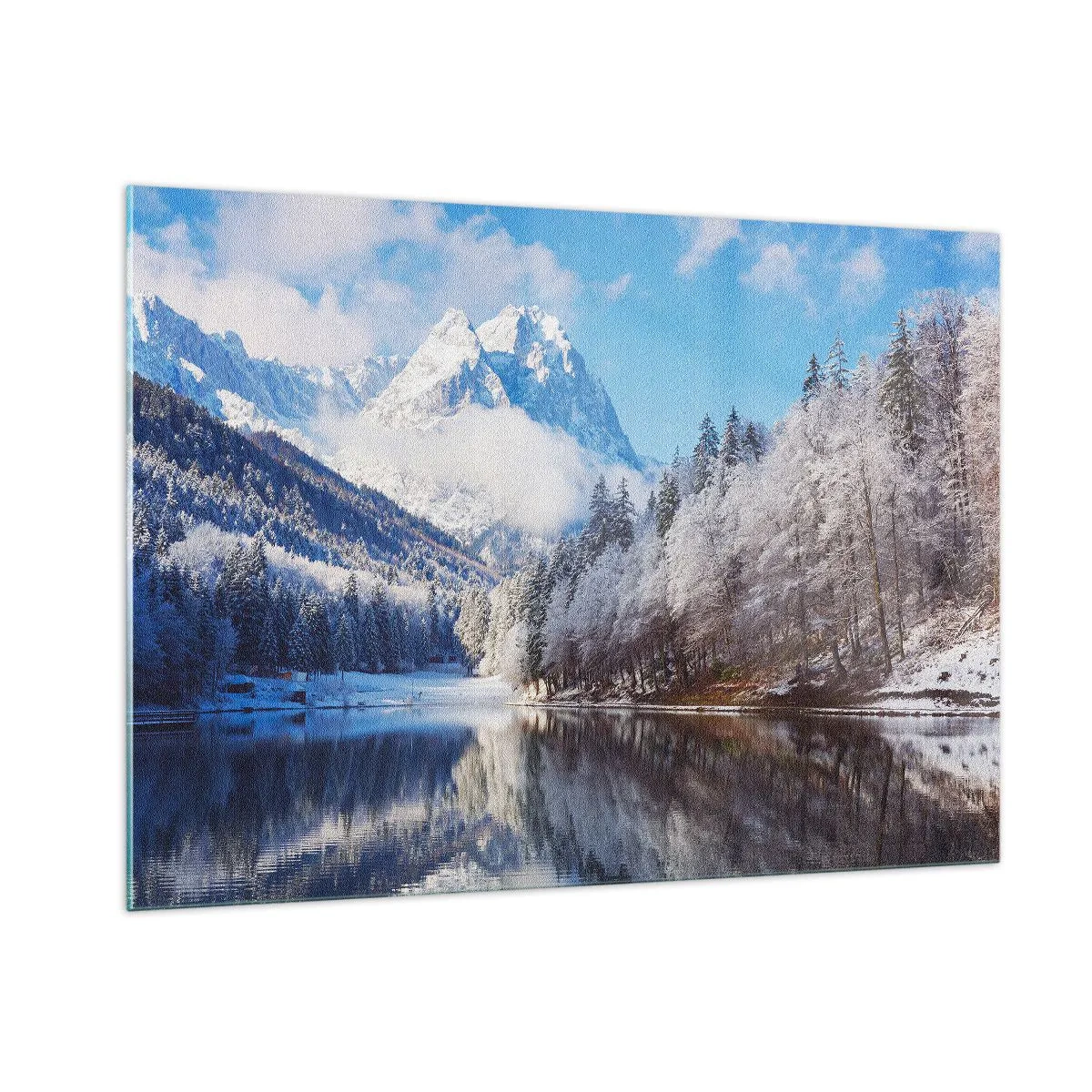 Glasbild - Bild auf glas - Winterlandschaft mit Bergen und einem zugefrorenen See - 100x70cm - Schneefang - Moderne Wanddekoration für Wohnzimmer und Schlafzimmer ARTTOR
