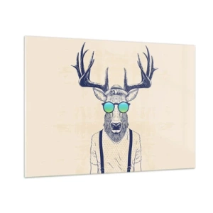 Glasbild - Bild auf glas - Ein eleganter Hirsch mit Sonnenbrille auf hellem Hintergrund - 100x70cm - Wen hast du erwartet? - Moderne Wanddekoration für Wohnzimmer und Schlafzimmer ARTTOR