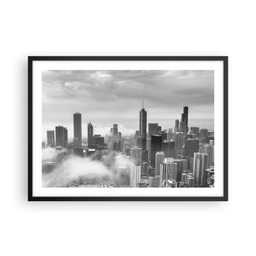 Poster in einem schwarzem Rahmen - Stadtpanorama mit Wolkenkratzern in den Wolken in Schwarzweiß - 70x50cm - Amerikanische Landschaft - Moderne Wanddekoration für Wohnzimmer und Schlafzimmer ARTTOR