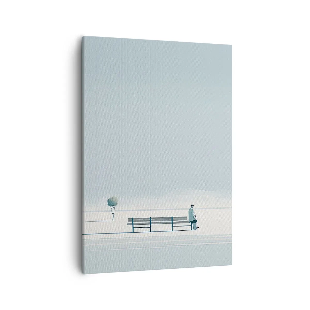 Bild auf Leinwand - Leinwandbild - Eine Person, die auf einer Bank in einer minimalistischen Landschaft sitzt - 50x70cm - Ja, ich warte. - Moderne Wanddekoration für Wohnzimmer und Schlafzimmer ARTTOR