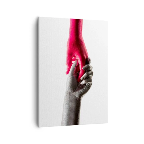 Bild auf Leinwand - Leinwandbild - Symbolische Hände in Silber und Rot - 50x70cm - Gemeinsam, obwohl anders - Moderne Wanddekoration für Wohnzimmer und Schlafzimmer ARTTOR