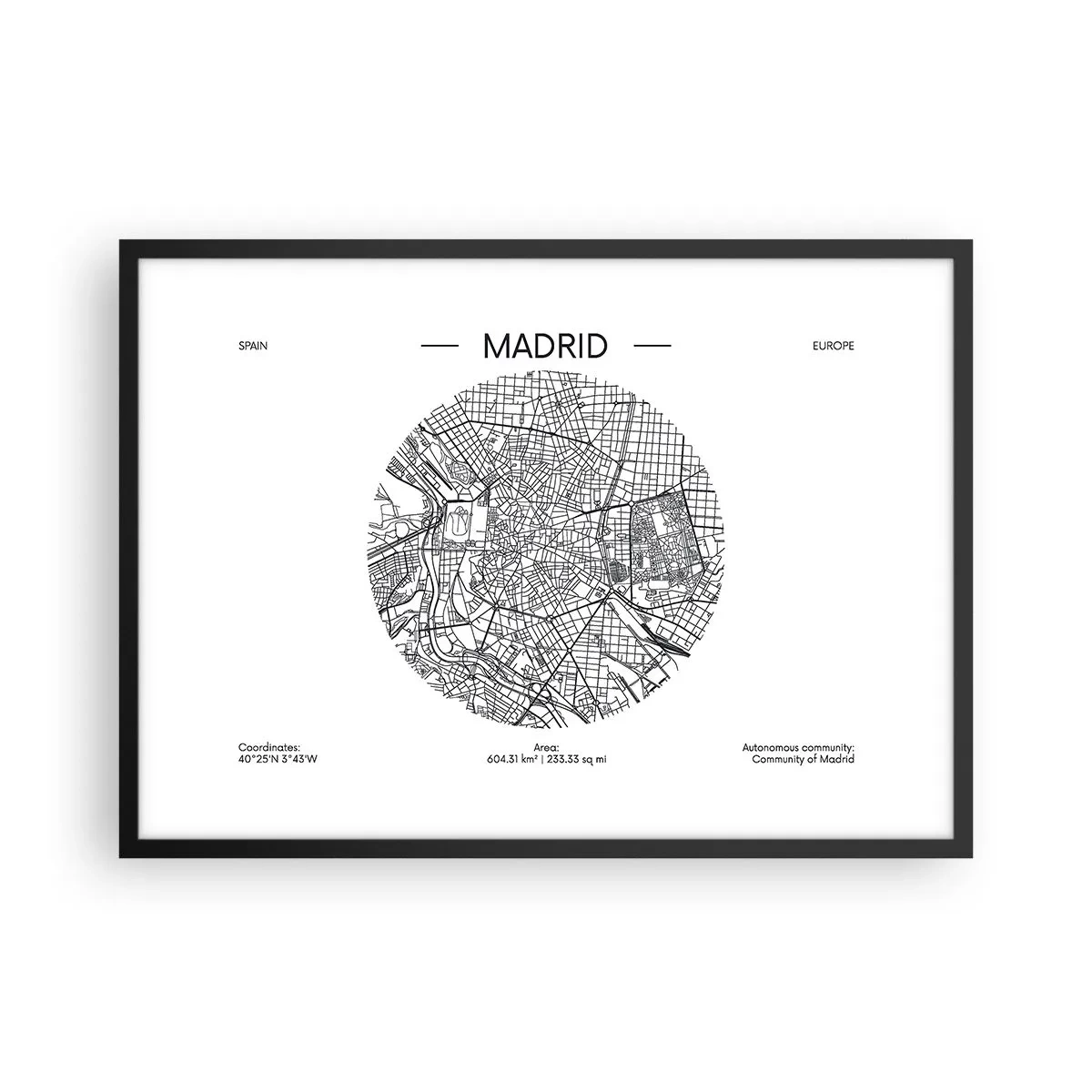 Poster in einem schwarzem Rahmen - Karte von Madrid im minimalistischen Schwarz-Weiß-Stil - 70x50cm - Anatomie von Madrid - Moderne Wanddekoration für Wohnzimmer und Schlafzimmer ARTTOR