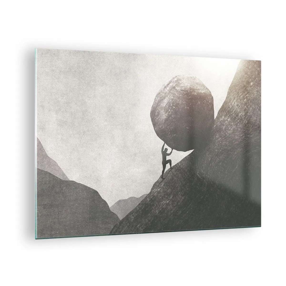 Glasbild - Bild auf glas - Eine Figur, die einen Felsbrocken vor einer Berglandschaft bergauf schiebt - 70x50cm - Ich glaube wider alle Hoffnung - Moderne Wanddekoration für Wohnzimmer und Schlafzimmer ARTTOR