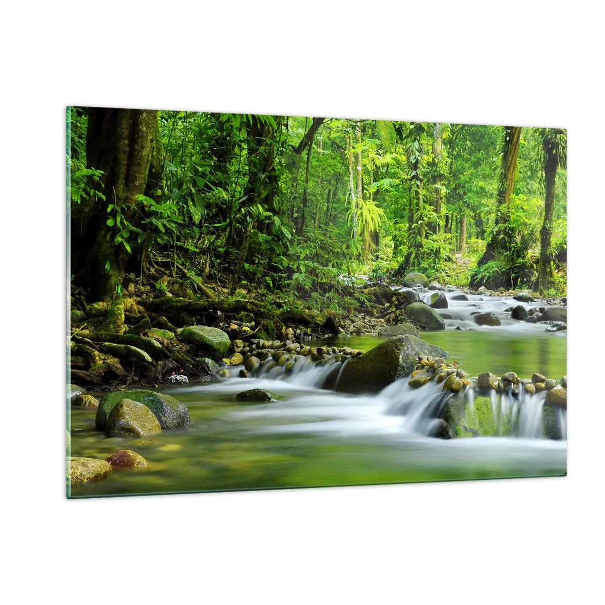 Glasbild - Bild auf glas - Ein Waldbach, umgeben von üppiger Vegetation - 120x80cm - Schwimmen Sie in einem Meer aus Grün - Moderne Wanddekoration für Wohnzimmer und Schlafzimmer ARTTOR