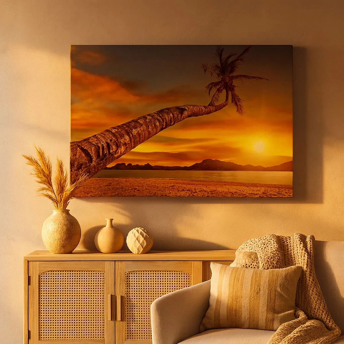 Bild auf Leinwand - Leinwandbild - Palme am Strand bei Sonnenuntergang mit Blick auf das Meer - 70x50cm - Exotischer Urlaub, karibisches Abenteuer - Moderne Wanddekoration für Wohnzimmer und Schlafzimmer ARTTOR