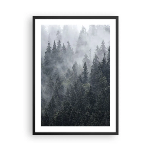 Poster in einem schwarzem Rahmen - Ein nebliger Wald mit hohen Nadelbäumen - 50x70cm - Walddämmerung - Moderne Wanddekoration für Wohnzimmer und Schlafzimmer ARTTOR