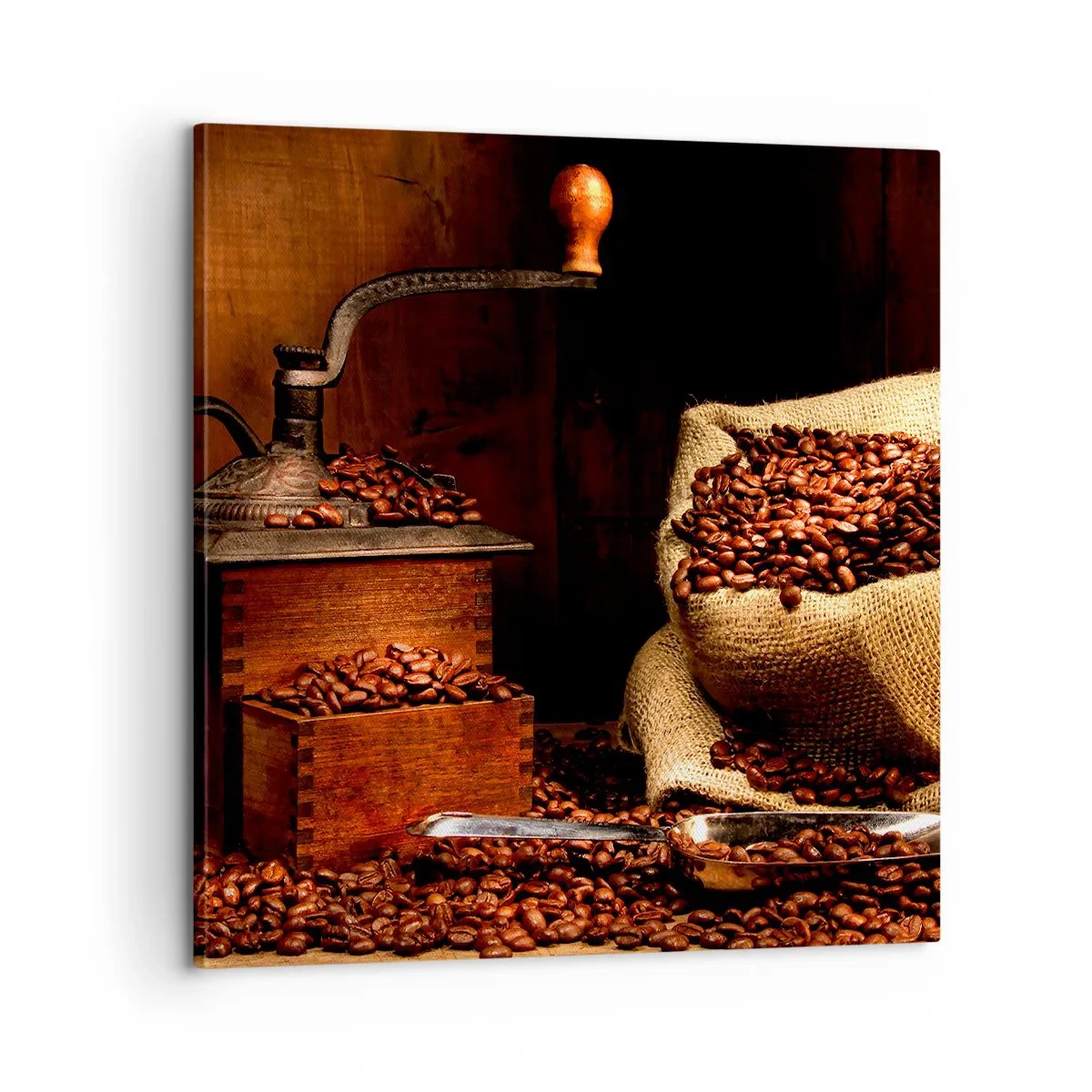 Bild auf Leinwand - Leinwandbild - Stillleben mit Kaffeebohnen und einer Mühle - 60x60 cm