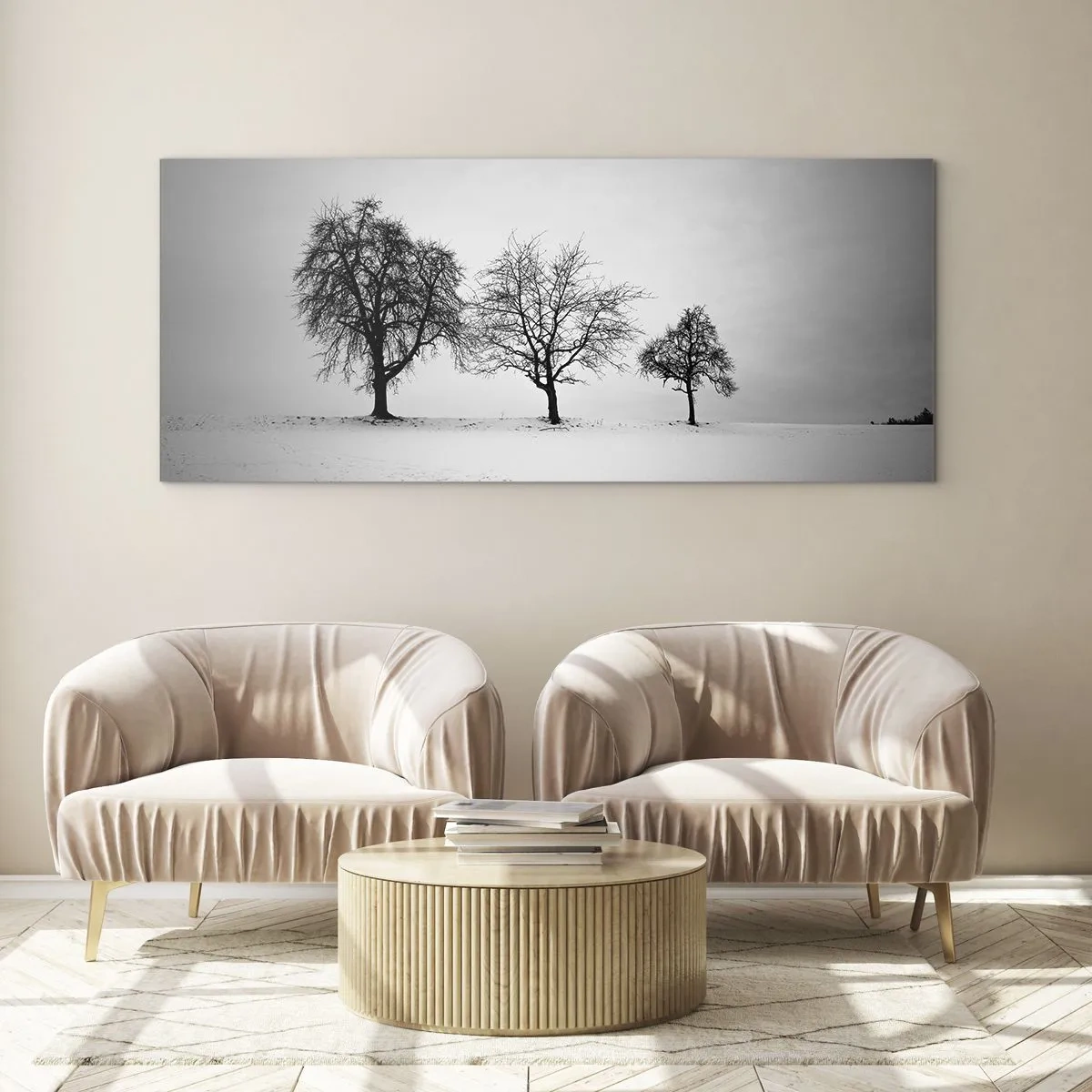 Glasbild - Bild auf glas - Drei Bäume auf einem schneebedeckten Feld im monochromen Stil - 160x50cm - Wovon träumen sie? - Moderne Wanddekoration für Wohnzimmer und Schlafzimmer ARTTOR
