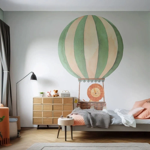Maßgeschneiderte Fototapete Premium Canvas - Leons Reisen - Ballon, Löwe, Kinder