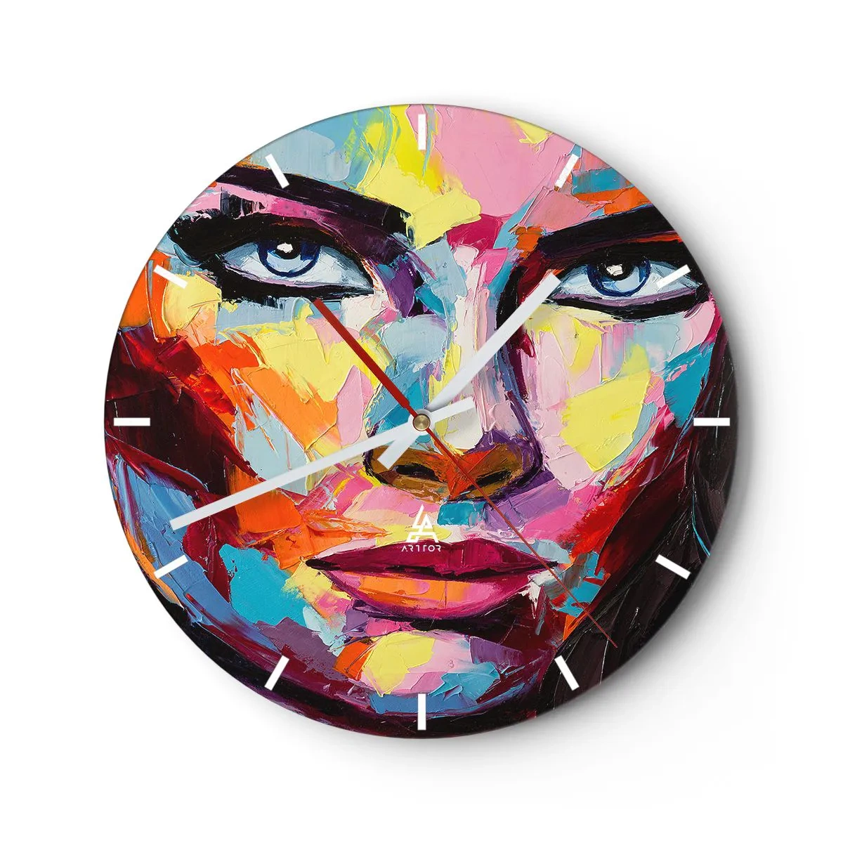 Wanduhr - Glasuhr - Abstraktes Porträt einer Frau in lebendigen Farben - 30x30cm - Auch die Seele ist bunt - Moderne Wanddekoration für Wohnzimmer, Küche und Schlafzimmer ARTTOR