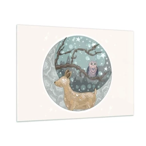 Glasbild - Bild auf glas - Illustration eines Hirsches und einer Eule in einer magischen Umgebung - 100x70cm - Eine märchenhafte Waldnacht - Moderne Wanddekoration für Wohnzimmer und Schlafzimmer ARTTOR
