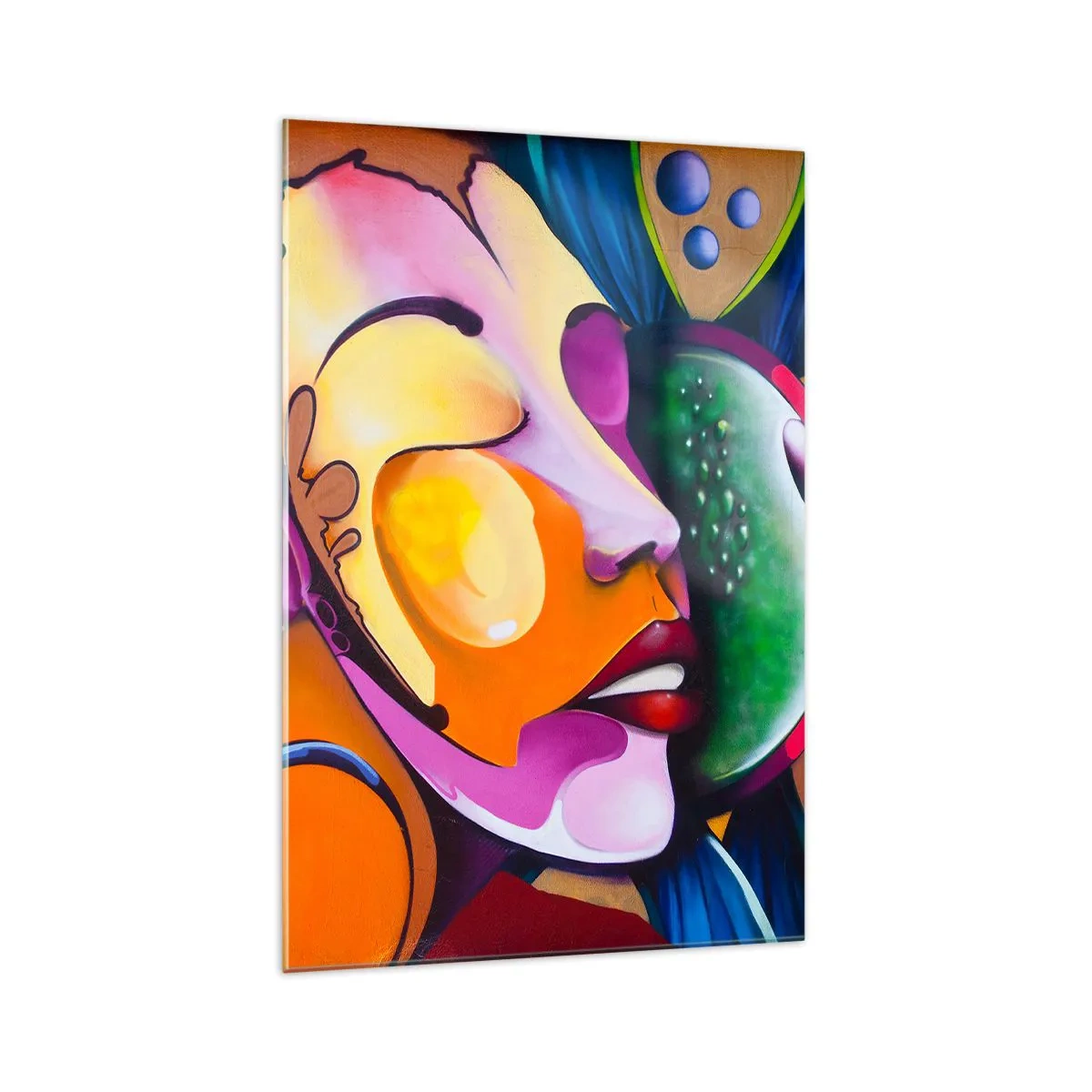 Glasbild - Bild auf glas - Eine farbenfrohe Abstraktion mit einem Gesichtsmotiv in einer dynamischen Komposition - 70x100cm - Mit Farbe berühren - Moderne Wanddekoration für Wohnzimmer und Schlafzimmer ARTTOR