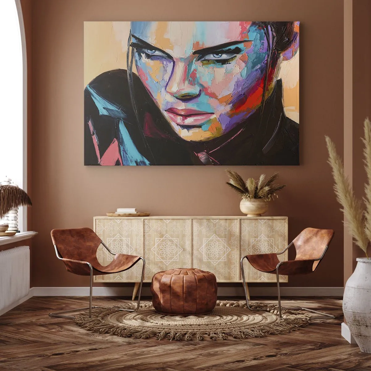 Bild auf Leinwand - Leinwandbild - Porträt einer Frau in lebendigen abstrakten Farben - 70x50cm - Wild im Herzen - Moderne Wanddekoration für Wohnzimmer und Schlafzimmer ARTTOR