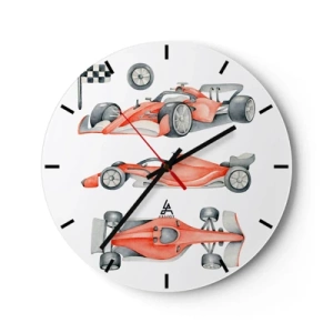 Wanduhr - Glasuhr - Rote Rennwagen und eine karierte Flagge auf weißem Hintergrund - 30x30cm - Dem Traum folgen - Moderne Wanddekoration für Wohnzimmer, Küche und Schlafzimmer ARTTOR