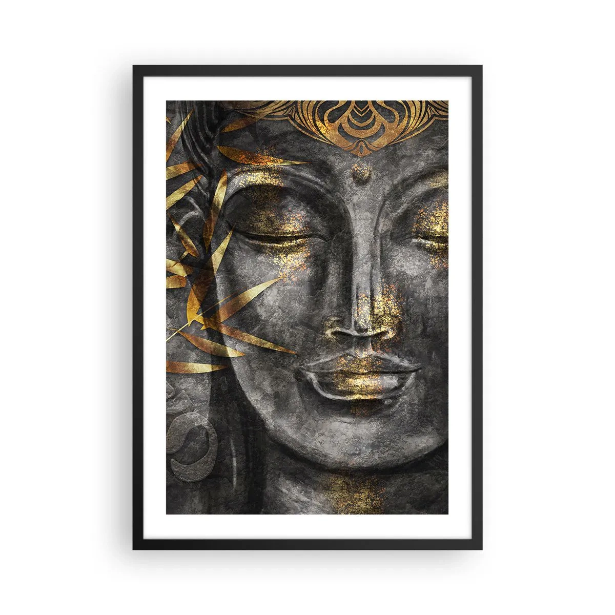 Poster in einem schwarzem Rahmen - Porträt von Buddha mit goldenem Glanz und Bambusblattelementen - 50x70cm - Fühle den Frieden - Moderne Wanddekoration für Wohnzimmer und Schlafzimmer ARTTOR