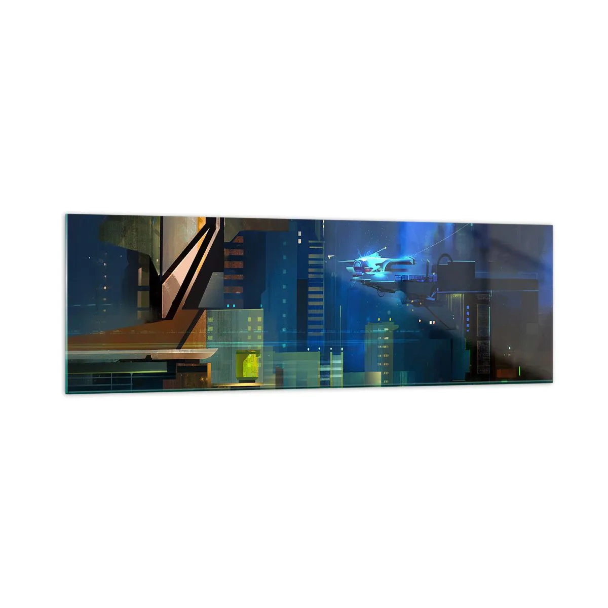 Glasbild - Bild auf glas - Futuristische Stadt bei Nacht mit Neonlichtern und einem fliegenden Fahrzeug - 160x50cm - In naher Zukunft - Moderne Wanddekoration für Wohnzimmer und Schlafzimmer ARTTOR