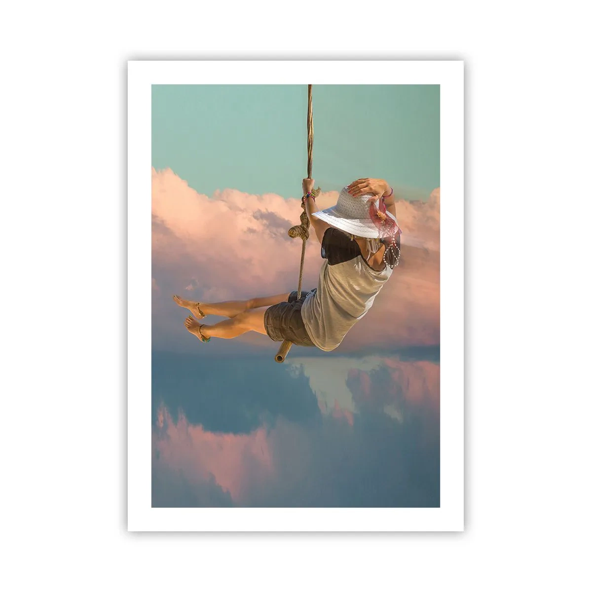 Poster - Eine Frau auf einer Schaukel zwischen pastellfarbenen Wolken - 50x70cm - Spaß in den Wolken - Moderne Wanddekoration für Wohnzimmer und Schlafzimmer ARTTOR