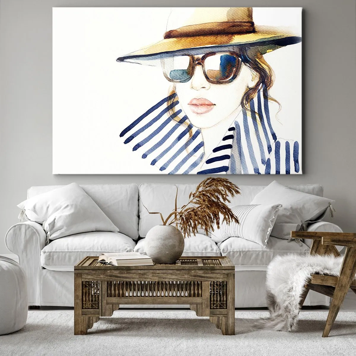 Bild auf Leinwand - Leinwandbild - Porträt einer Frau mit Hut und Sonnenbrille - 70x50cm - Florida heißt Sie willkommen! - Moderne Wanddekoration für Wohnzimmer und Schlafzimmer ARTTOR