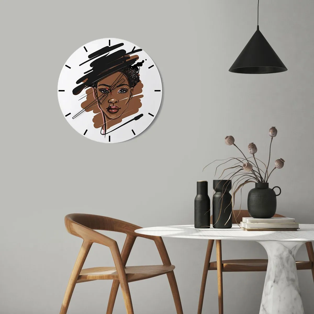 Wanduhr - Glasuhr - Skizzenhafte Darstellung des Gesichts einer Frau auf weißem Hintergrund - 30x30cm - Süß wie Schokolade - Moderne Wanddekoration für Wohnzimmer, Küche und Schlafzimmer ARTTOR
