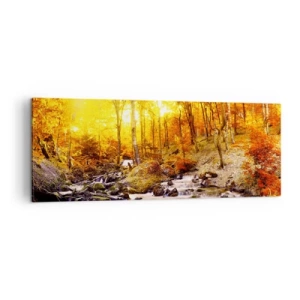 Bild auf Leinwand - Leinwandbild - Herbstwald mit einem Bach zwischen goldenen Blättern - 140x50cm - In Gold und Platin gefasste Steine - Moderne Wanddekoration für Wohnzimmer und Schlafzimmer ARTTOR