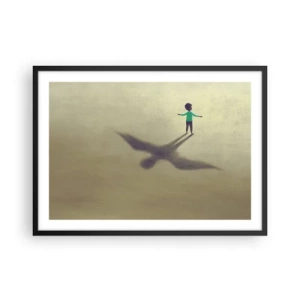 Poster in einem schwarzem Rahmen - Eine symbolische Figur eines Kindes mit dem Schatten eines Vogels vor einem Hintergrund in warmen Farbtönen. - 70x50cm - Der Held der Zukunft - Moderne Wanddekoration für Wohnzimmer und Schlafzimmer ARTTOR
