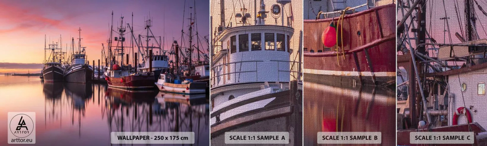 Fototapeten Muster Premium Canvas - Vor dem nächsten Tag - Fischerhafen, Boote, Angeln - 100x30 cm