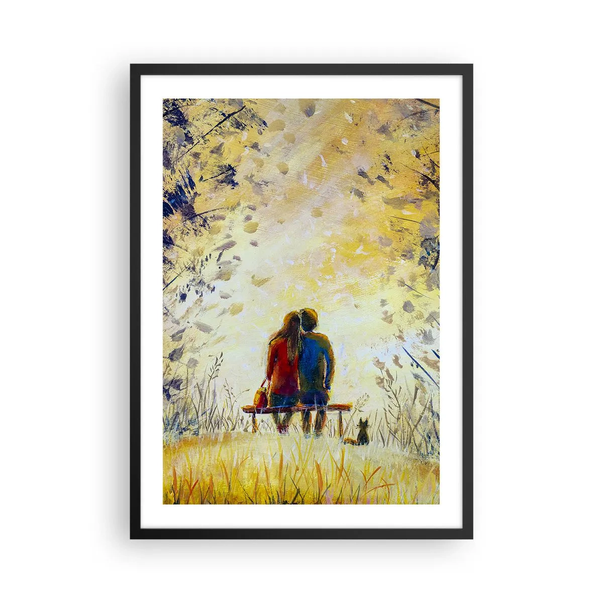 Poster in einem schwarzem Rahmen - Ein Paar sitzt bei Sonnenuntergang auf einer Bank inmitten herbstlicher Farben - 50x70cm - Magischer Augenblick - Moderne Wanddekoration für Wohnzimmer und Schlafzimmer ARTTOR