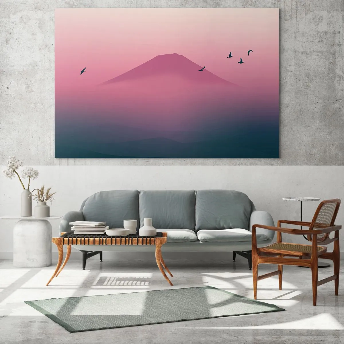 Glasbild - Bild auf glas - Eine minimalistische Landschaft mit einem Berg und Vögeln in Pastellfarben. - 70x50cm - Wanderer über den Wolken - Moderne Wanddekoration für Wohnzimmer und Schlafzimmer ARTTOR