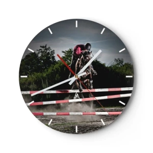 Wanduhr - Glasuhr - Ein Springpferd während eines Reitwettbewerbs - 30x30cm - Gemeinsam zum Sieg - Moderne Wanddekoration für Wohnzimmer, Küche und Schlafzimmer ARTTOR