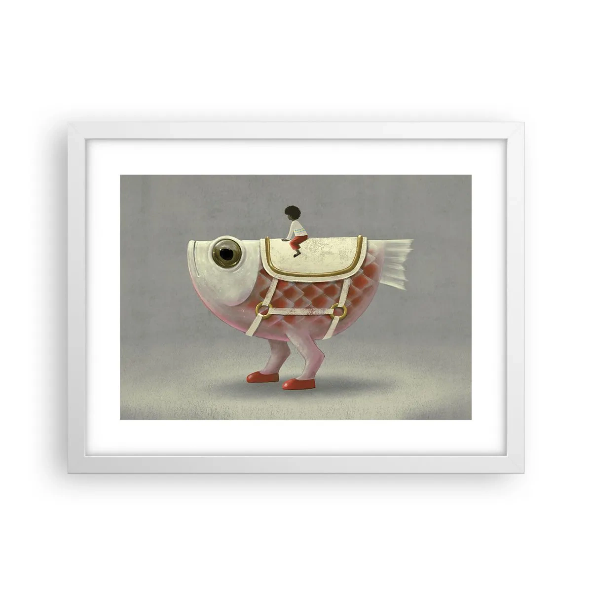 Poster in einem weißen Rahmen - Reiter auf einem surrealen Fisch - 40x30 cm