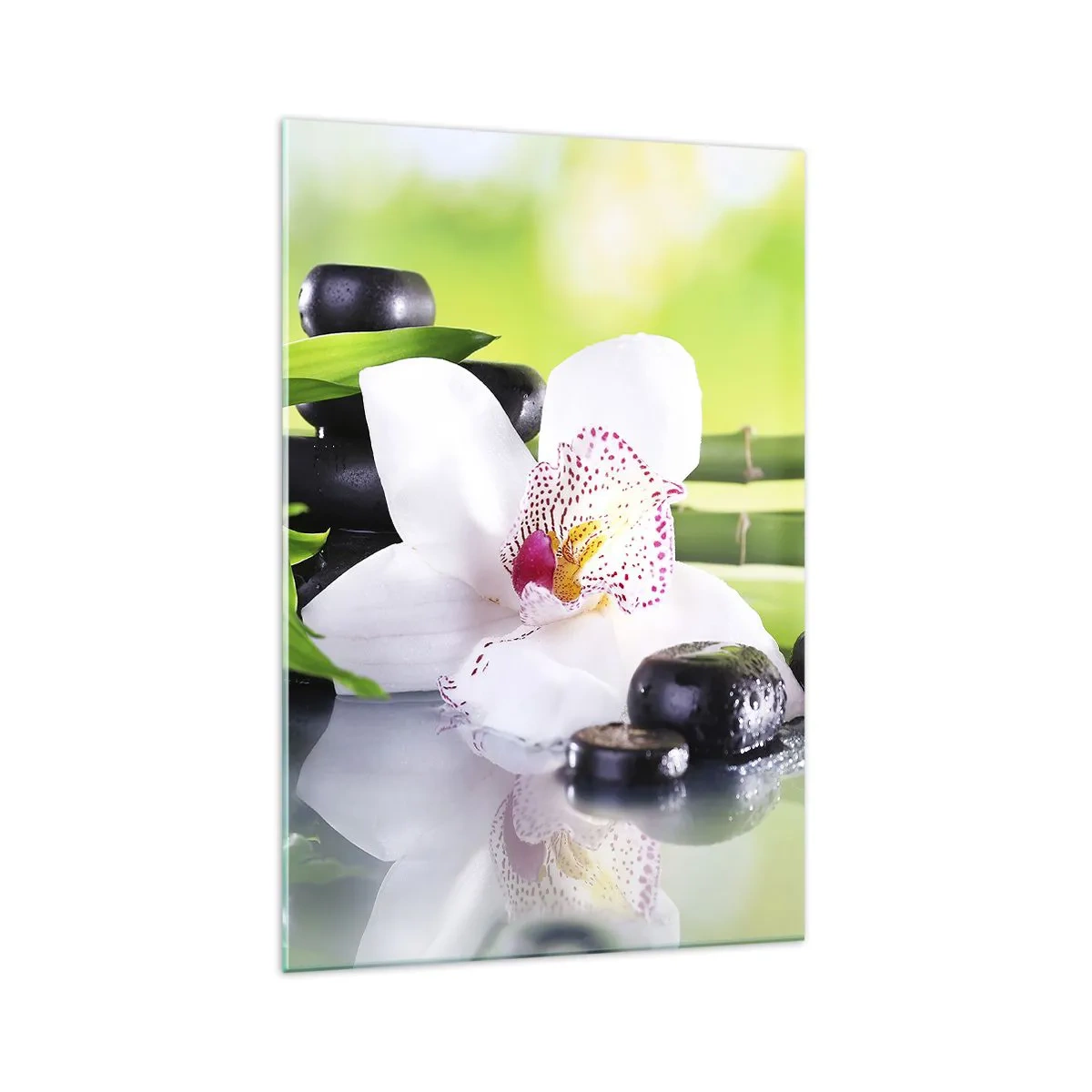 Glasbild - Bild auf glas - Orchidee, Steine und Bambus in einer harmonischen Spa-Komposition - 70x100cm - Kühle Frische - Moderne Wanddekoration für Wohnzimmer und Schlafzimmer ARTTOR