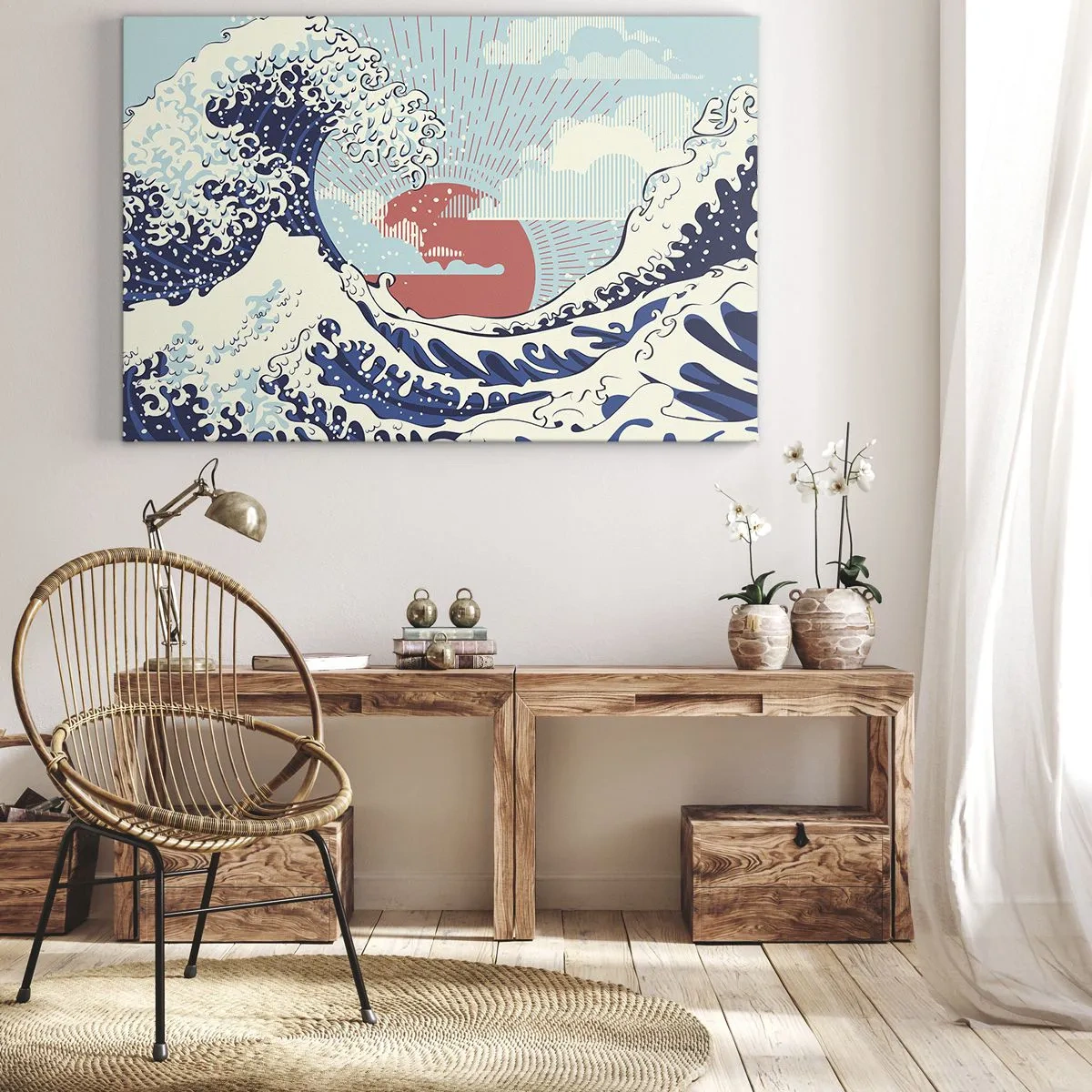 Bild auf Leinwand - Leinwandbild - Meereswellen und ein Sonnenuntergang im japanischen Stil - 70x50cm - Von japanischer Inspiration - Moderne Wanddekoration für Wohnzimmer und Schlafzimmer ARTTOR