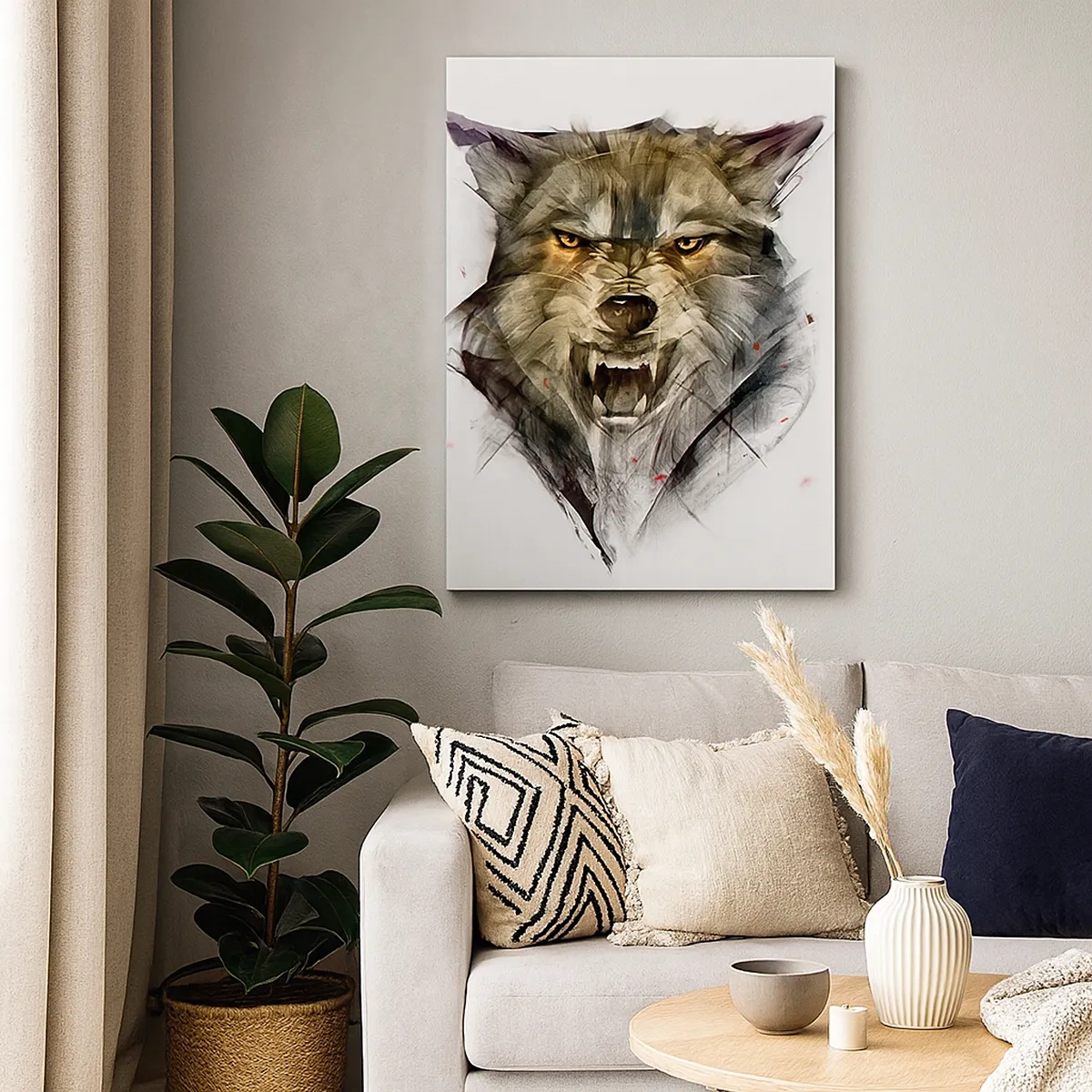 Bild auf Leinwand - Leinwandbild - Ein gefährlicher Wolf in dynamischer, künstlerischer Form - 50x70cm - Kein Schritt näher! - Moderne Wanddekoration für Wohnzimmer und Schlafzimmer ARTTOR