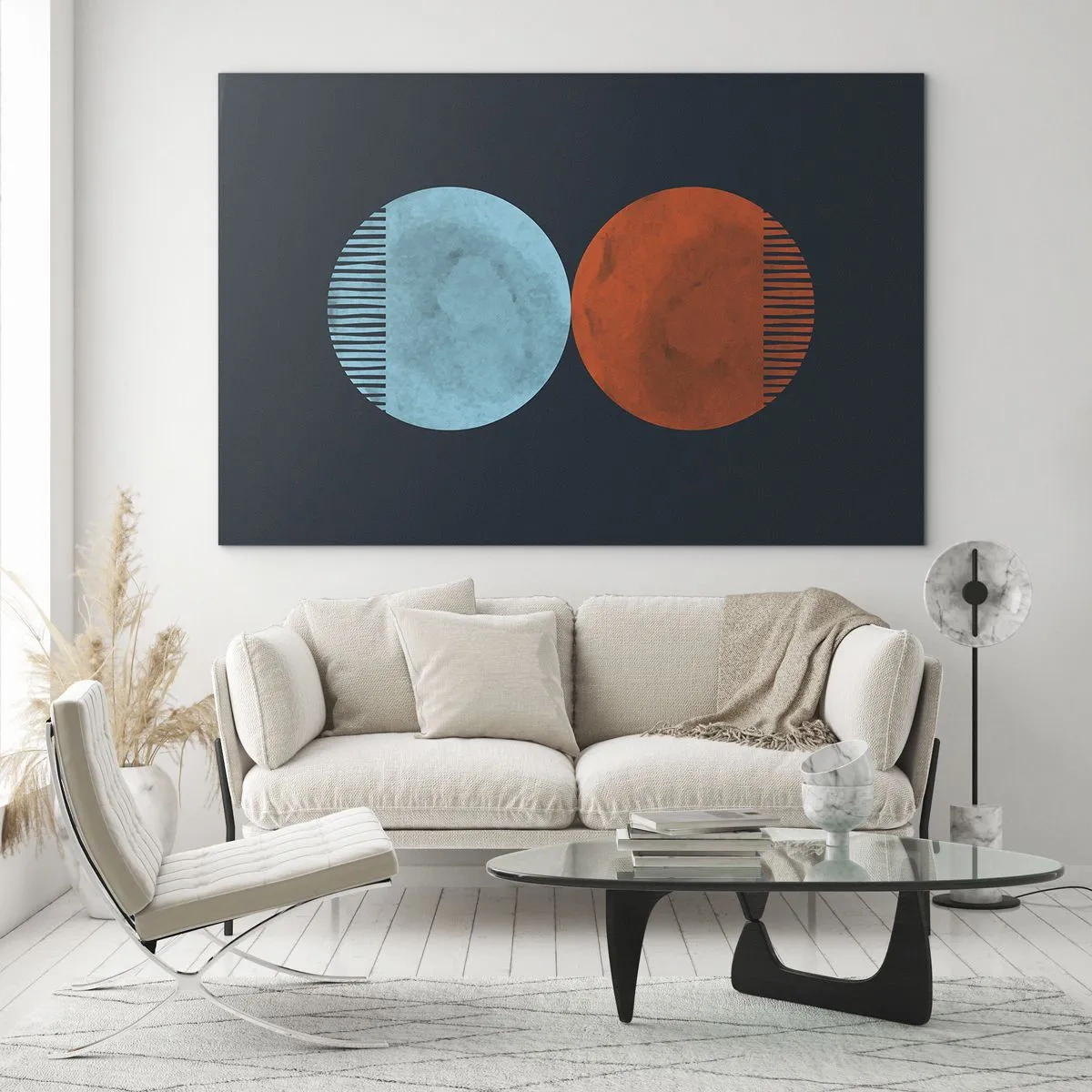 Glasbild - Bild auf glas - Abstrakte Kreise in Blau und Orange - 70x50cm - Nur Geometrie? - Moderne Wanddekoration für Wohnzimmer und Schlafzimmer ARTTOR