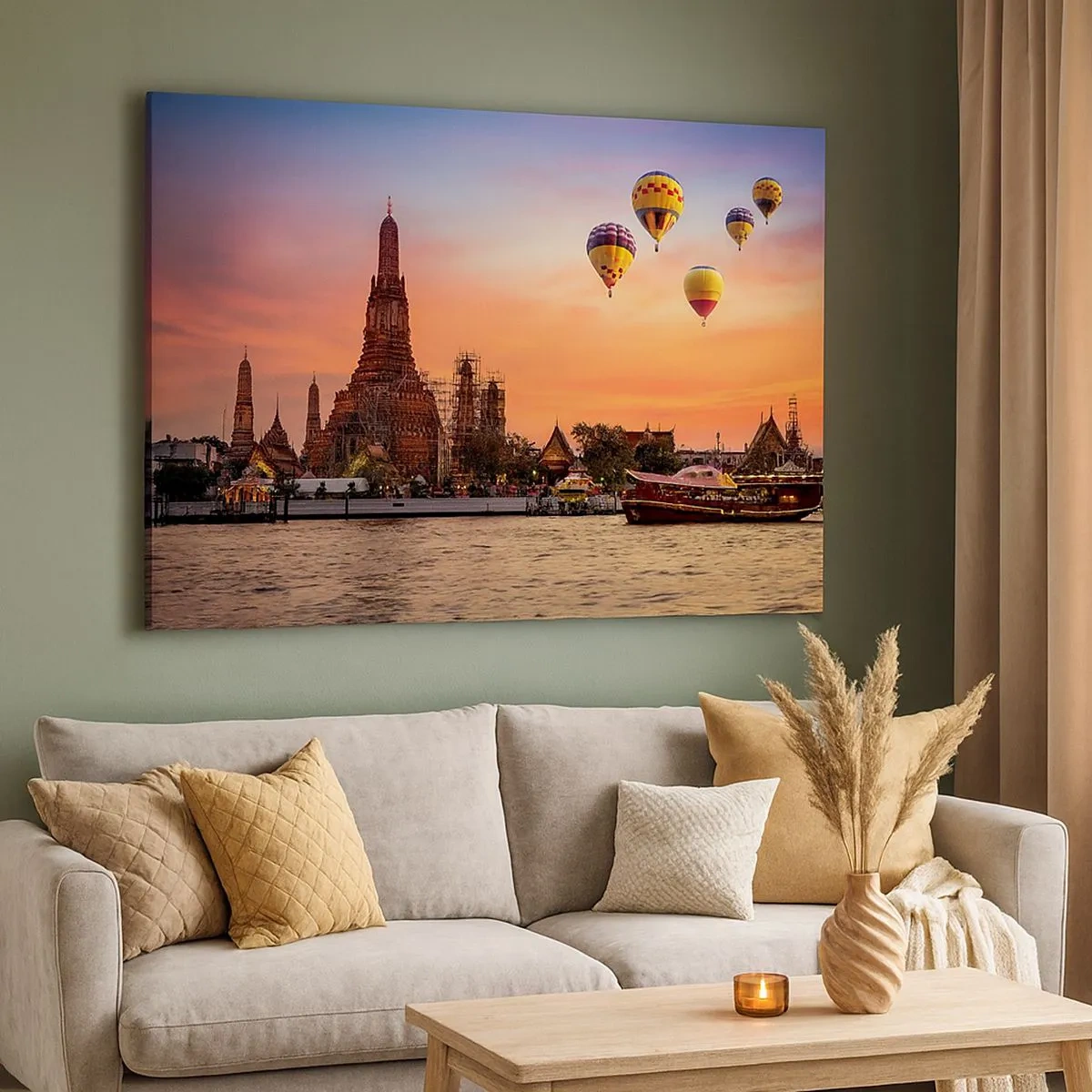 Bild auf Leinwand - Leinwandbild - Ein Tempel und Ballons vor dem Hintergrund der untergehenden Sonne über dem Fluss - 70x50cm - Hier werden Märchen geboren - Moderne Wanddekoration für Wohnzimmer und Schlafzimmer ARTTOR