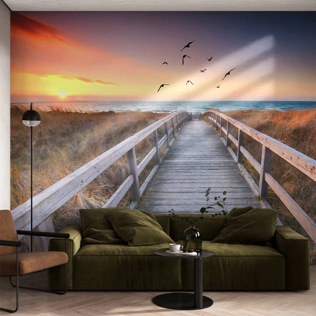 Fototapete Premium Sand - Holzweg zum Strand bei Sonnenuntergang - 100x70cm - Der Raum für Auffliegen - Moderne Wanddekoration für Wohnzimmer und Schlafzimmer ARTTOR