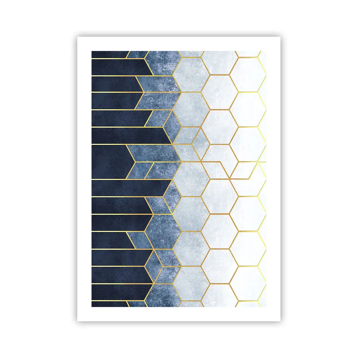 Poster - Geometrische Komposition in Marineblau- und Goldtönen mit Sechsecken - 50x70cm - Komposition im synkopischen Rhythmus - Moderne Wanddekoration für Wohnzimmer und Schlafzimmer ARTTOR