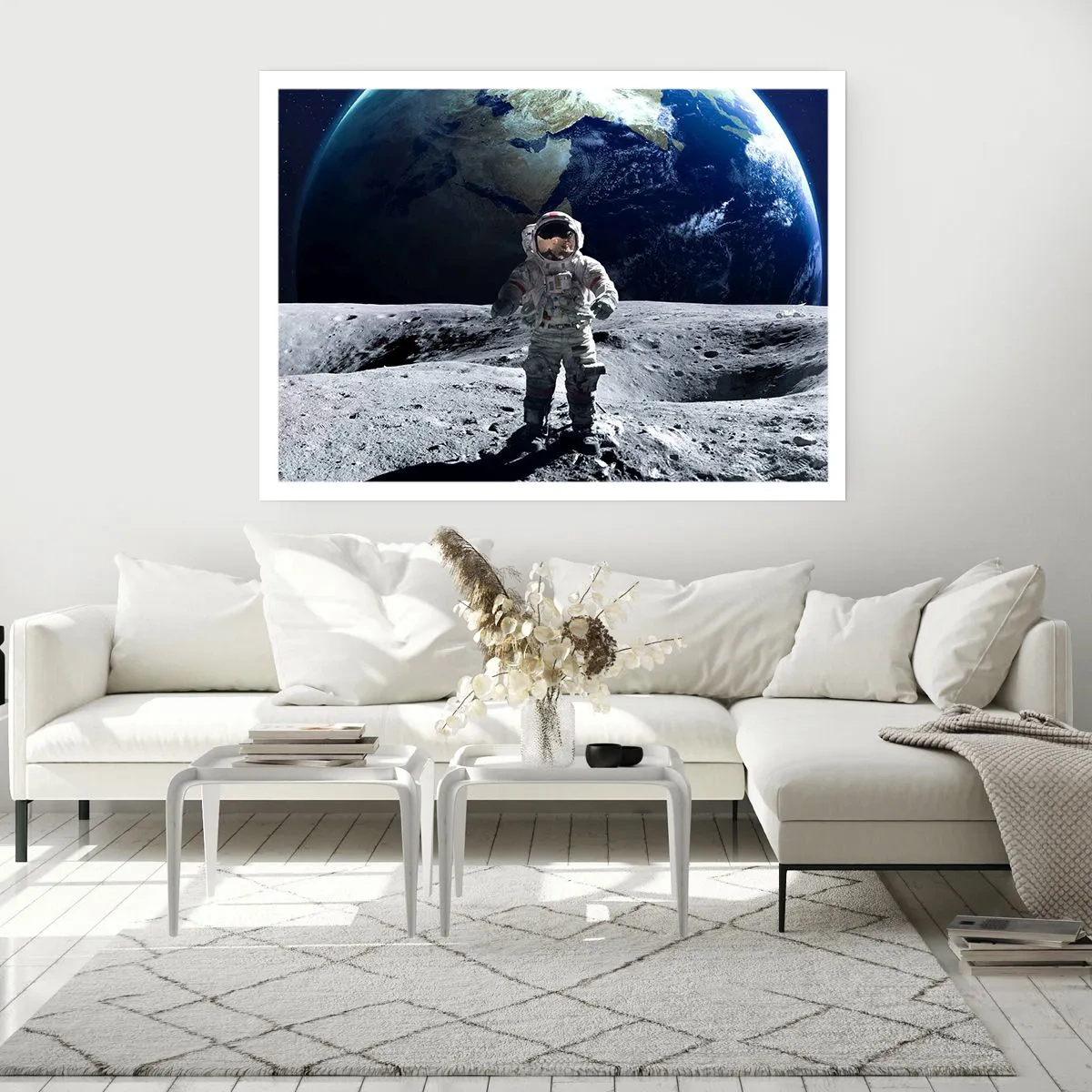 Poster - Astronaut auf der Mondoberfläche mit der Erde im Hintergrund - 100x70cm - Grüße vom Mond - Moderne Wanddekoration für Wohnzimmer und Schlafzimmer ARTTOR